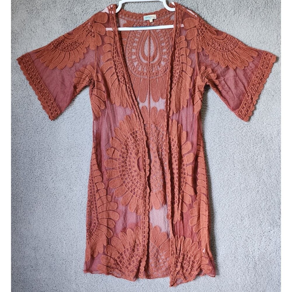 Rebellion Again Women's Mesh Duster Floral Embroidered Boho Festival Orange Sz S